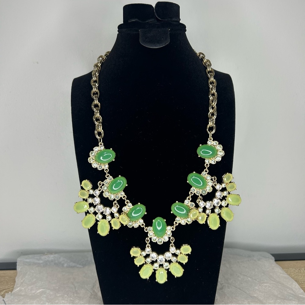 Vtg J.CREW Faux Jade Rhinestone Double Rolo Statement Necklace